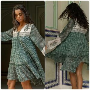 Daughters of India Rooh Mini Dress Pine Green XS NWT Hand Block Print